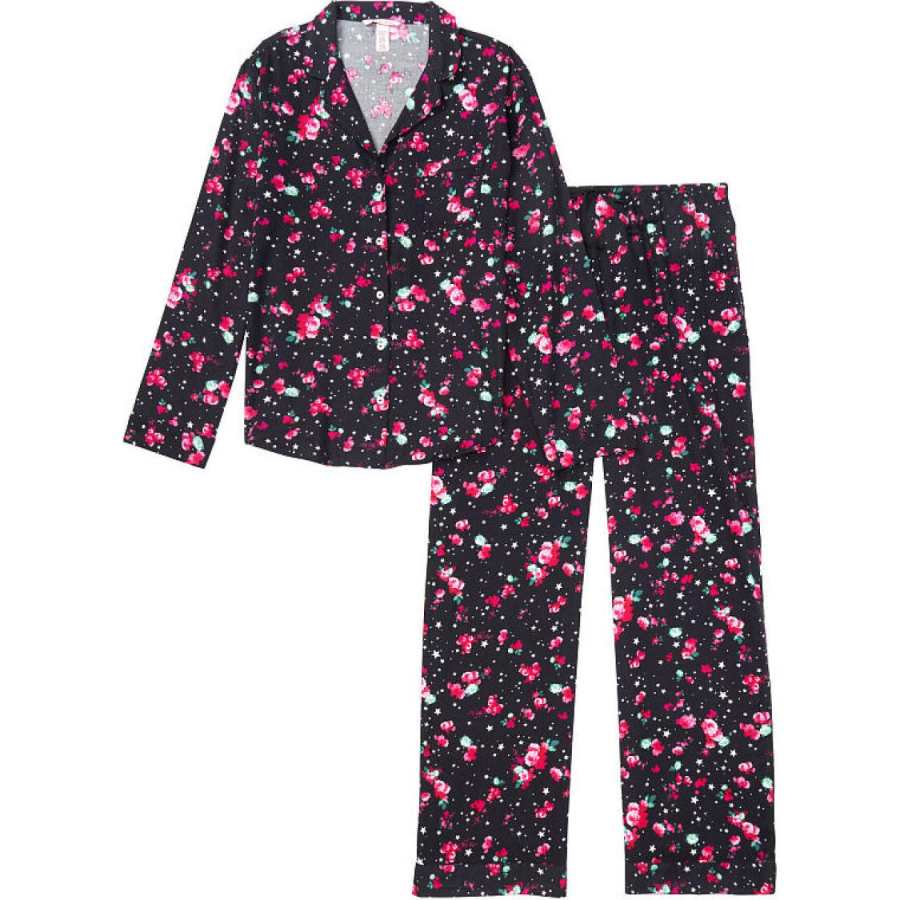 Victoria's Secret Pajama Set Women's Black Stars Floral Print