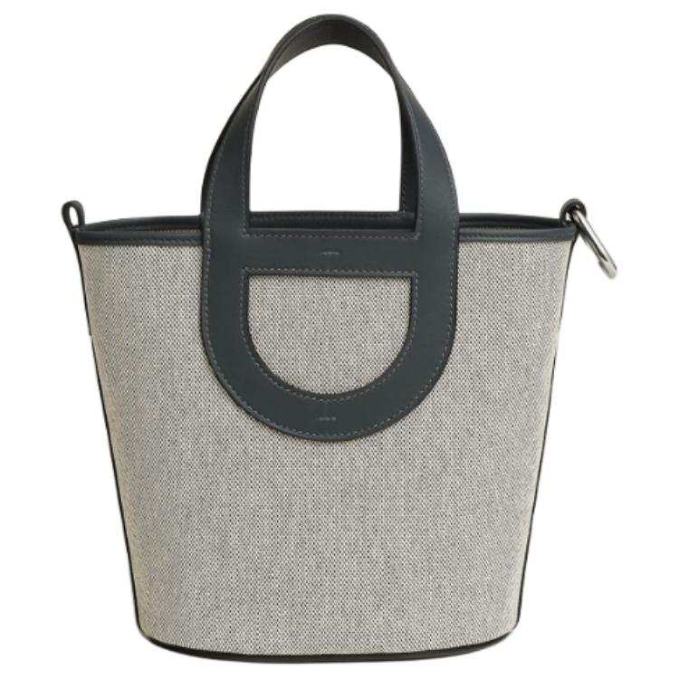 HERMES In The Loop Canvas With Swift Calfskin Basket Bag Pig Nose Bucket Bag Handbag Women's Dark Green & Beige Gray