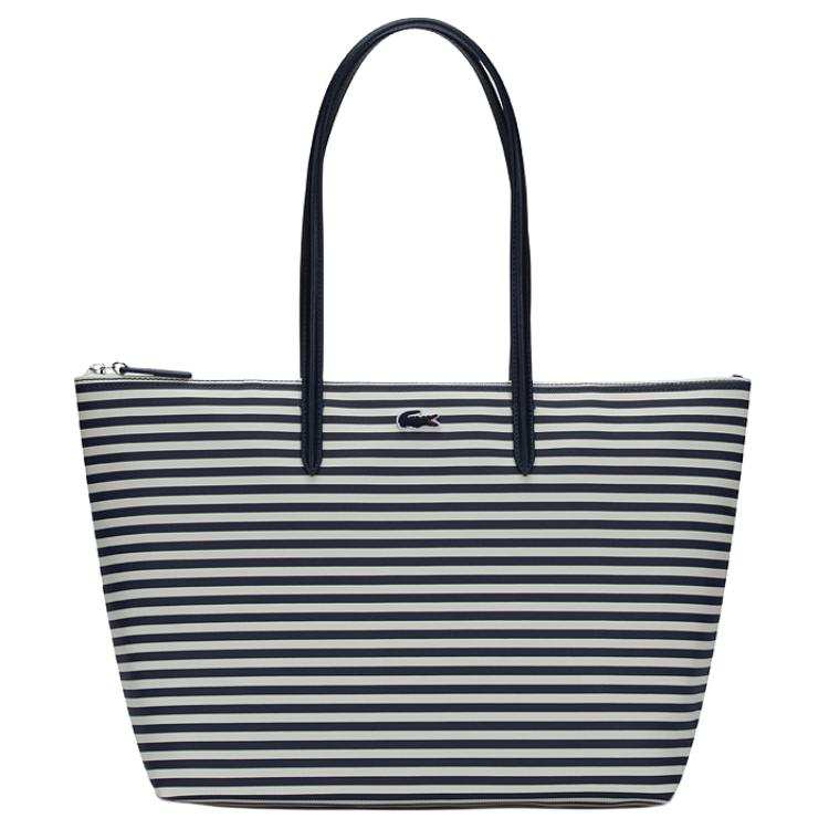 LACOSTE PVC Tote Bag, Shopping Bag, Shoulder Bag, Handbag Medium Women's Dark Blue White Stripes