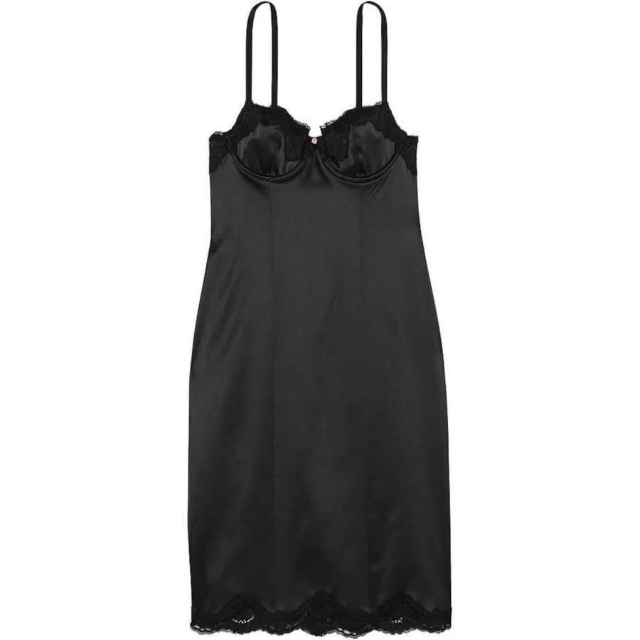 Victoria's Secret Wicked Satin Lace Trim Slip Dress/BLACK Nightgown Women's Black