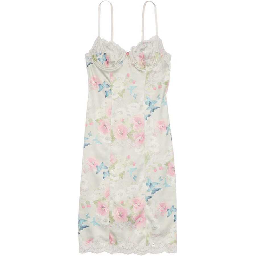 Victoria's Secret Wicked Satin Lace Trim Slip Dress/DELICATE GARDEN Nightgown Women's Refined Garden