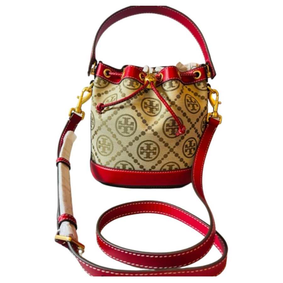TORY BURCH T Monogram Jacquard Fabric With Calfskin Bucket Bag, Crossbody Bag, Handbag Women's