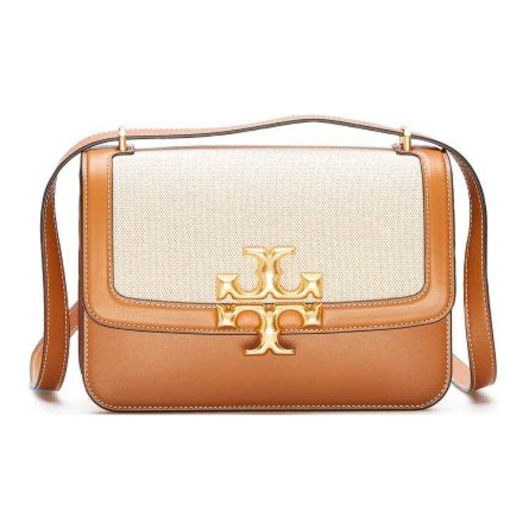 TORY BURCH Eleanor Cow Leather Canvas Crossbody Bags Women's Brown & Beige