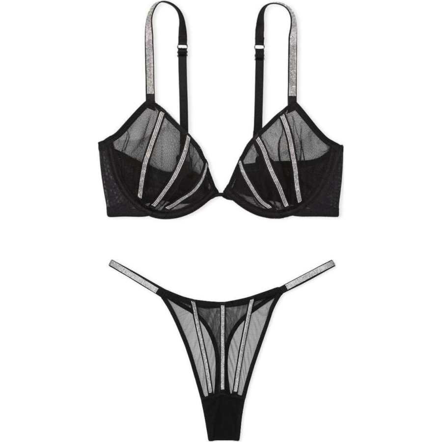 Victoria's Secret VERY SEXY Rhinestone Collection Sheer Shine Low Cut Demi Underwear Set Women's Black