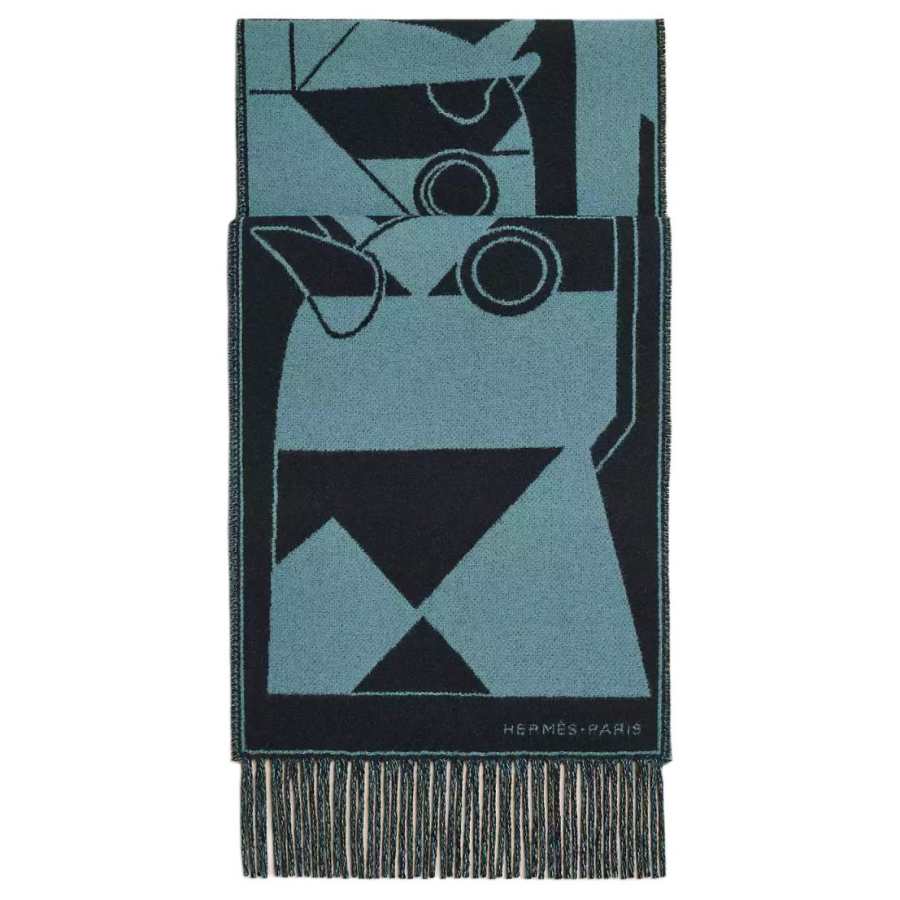 HERMES Horse Helmets Jacquard Knit Scarves Men's Blue