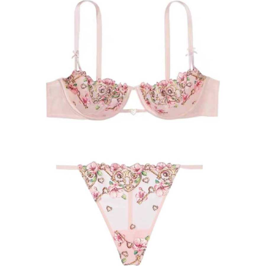 Victoria's Secret Underwear Set Women's Pink Peach Blossom Embroidery