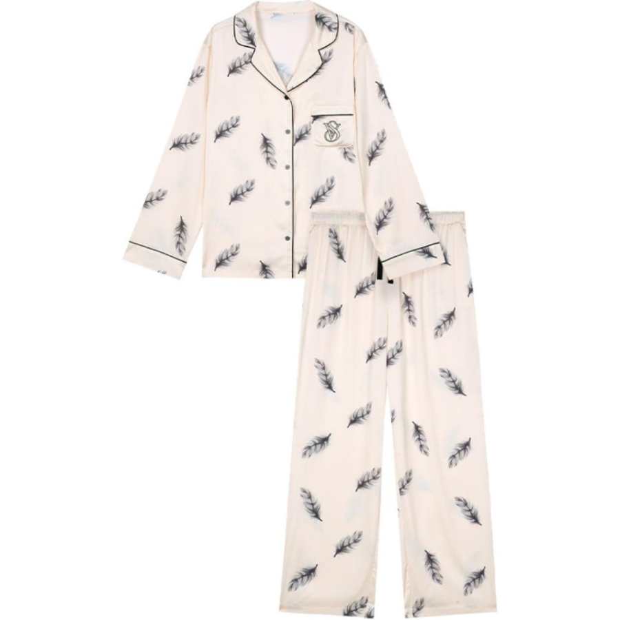 Victoria's Secret Pajama Set Lightweight Smooth And Sleek Shiny Satin Women's Gift Box Set Included Champagne Feather