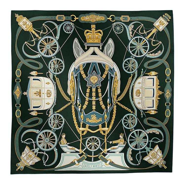 HERMES Premium Wheel Mulberry Silk Scarves Women's Green