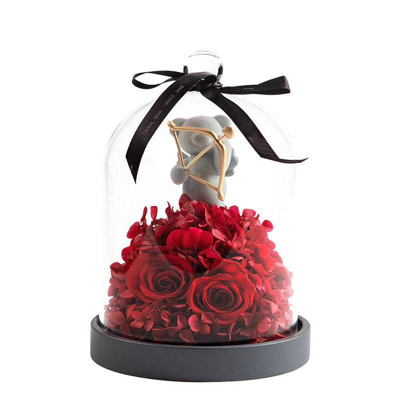 SEEROSE Preserved Flowers Cupid Rose Bear Glass Shade Desktop Ornaments Bowknot Box