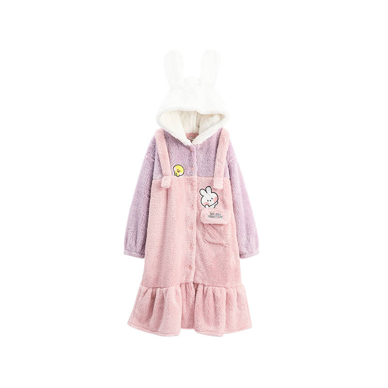 FENTENG Brown Bear Fall Winter Coral Fleece Hooded Pajamas Anti Static Thickened And Fleece Lined Casual Loungewear