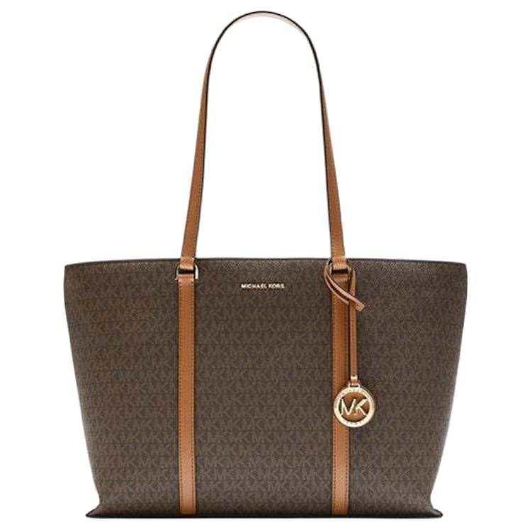 MICHAEL KORS Temple Coated Canvas Tote Bag, Shopping Bag, Shoulder Bag, Handbag Large Women's Dark Brown & Acorn Brown