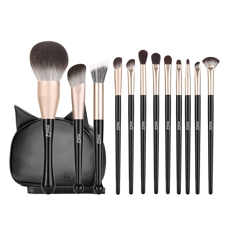 MSQ 12 Pcs Black Cat Makeup Brush Animal Fur Makeup Tool Skin Friendly Soft Detail