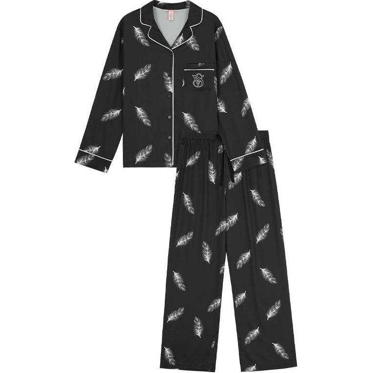 Victoria's Secret Pajama Set Refined Print Silky Skin Friendly Women's Black Feather
