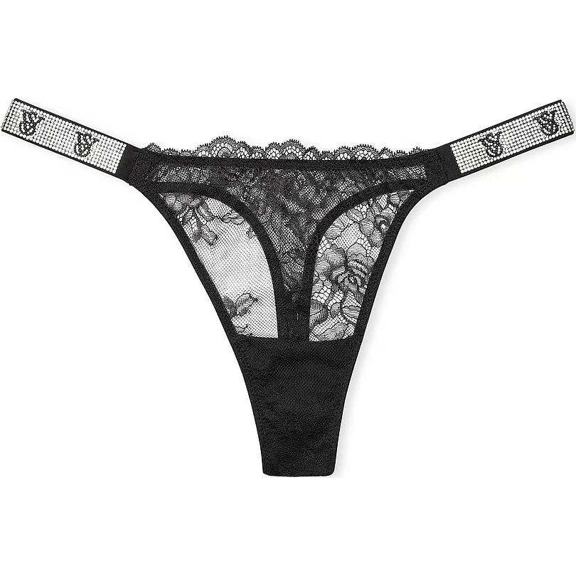 Victoria's Secret Very Sexy Shine Strap Rose Lace Thong Panty/Black Thong Women's 1 Pack Black