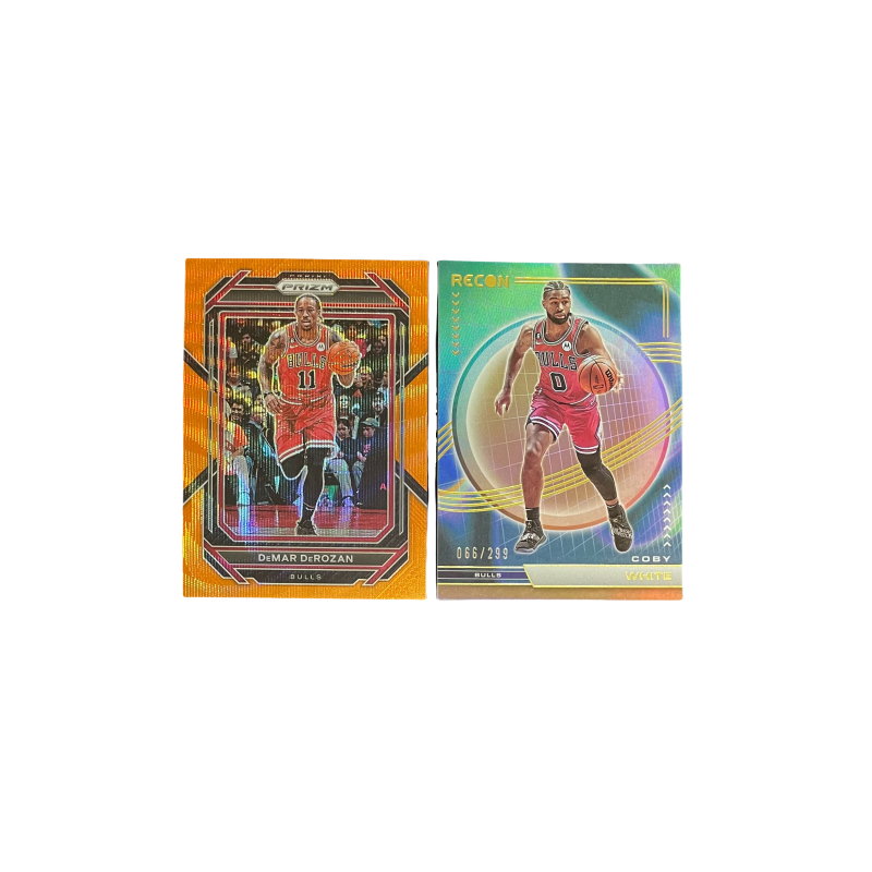 PANINI 2022 23 Prizm Bulls DeMar DeRozan, Orange Ripple 02/60, Kobe White 299, 2 Card Products Included Sports Cards