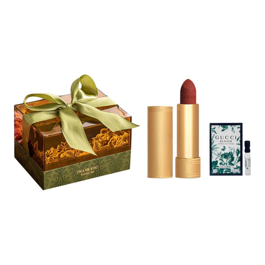 GUCCI Acrylic Mori Style Box Makeup Set, Incline Velvet Matte Lipstick Full Size+Complimentary Floral Green Sample Pack
