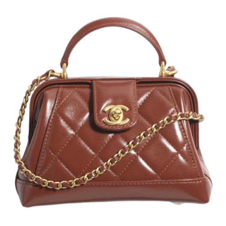 CHANEL Sheepskin Material Gold Metal One Shoulder Handbag Women's Brown