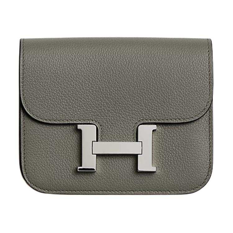 HERMES Constance Slim Silver Tone Buckle Evercolor Calfskin Wallet Women's 0L Grismeyer Rain Cloud Gray