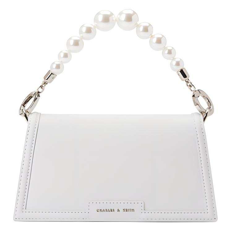 CHARLES&KEITH Wedding Pearl Cow Leather Small Square Bag, Crossbody Bag, Handbag Regular Women's White