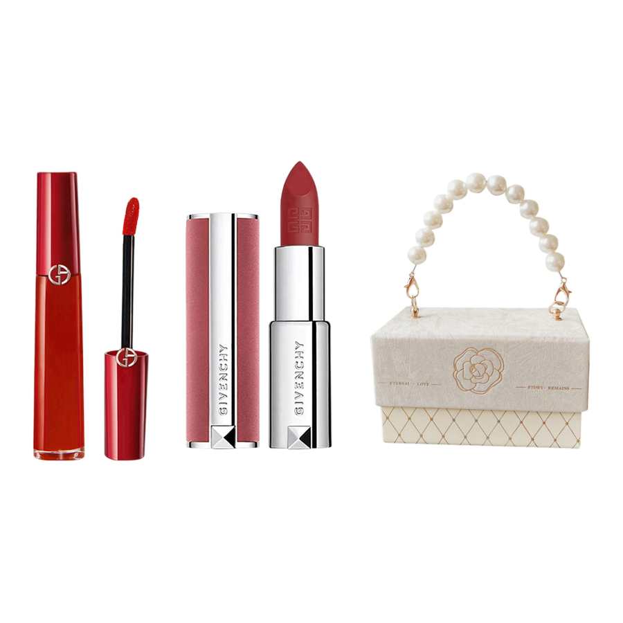 GIORGIO ARMANI ARMANI Redtube Pearl Chanel Inspired Box Lip Gloss Matte Easy to Blend Natural Long Lasting Three Piece Set