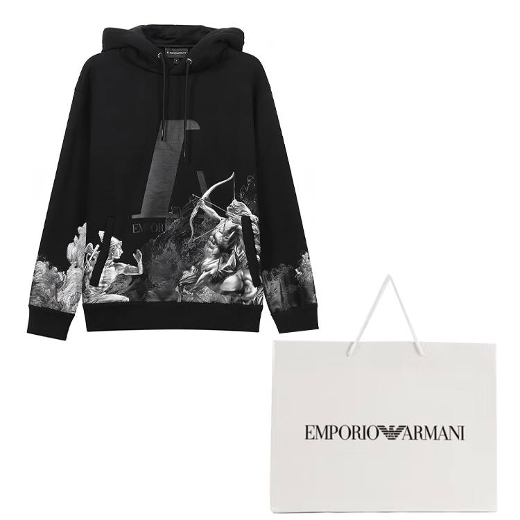 EMPORIO ARMANI Printed Pattern Fleece Lined Hooded Long Sleeved Sweatshirt Men's Black
