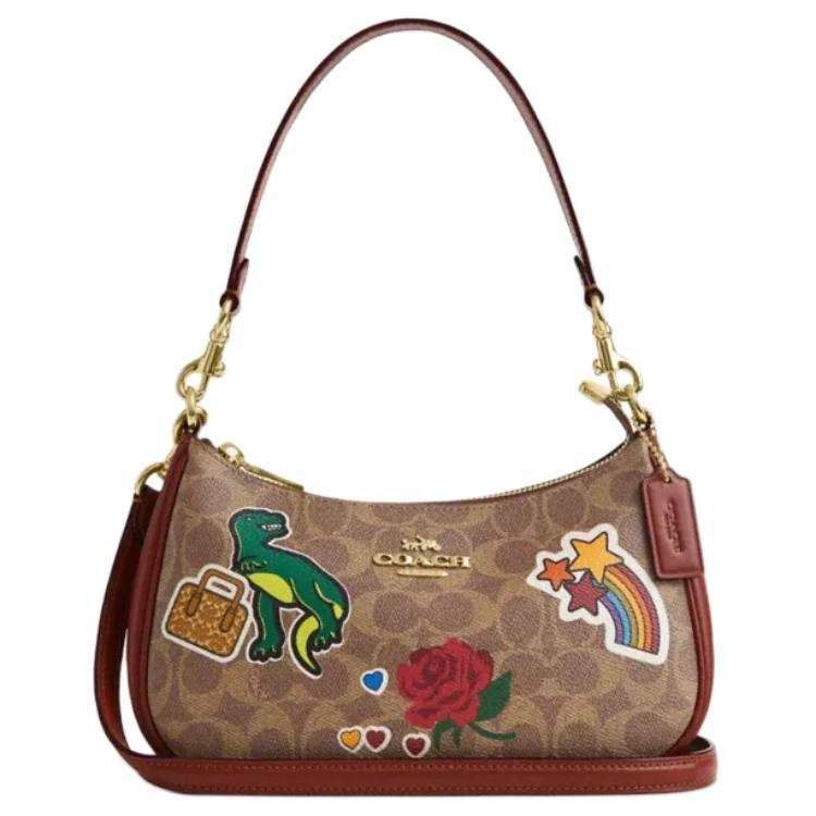 COACH Teri Coated Canvas With Leather Shoulder Bag, Handbag Medium Women's Tan Multicolor