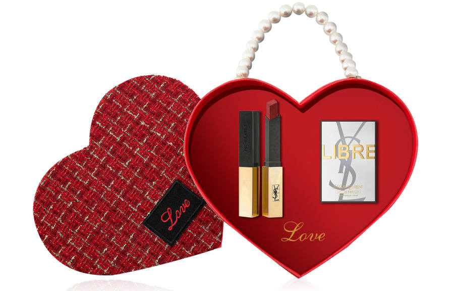 SAINT LAURENT Gold Bar Makeup Set, Pearl Heart Chanel Inspired Red Box