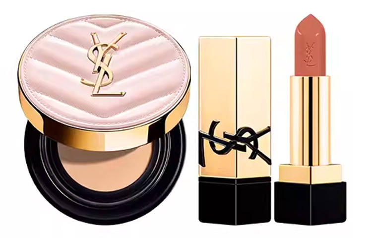 SAINT LAURENT Pink Leather Square Tube Makeup Sets Satin Complexion Concealing Air Cushion 1 2G+Lipstick 3.8G