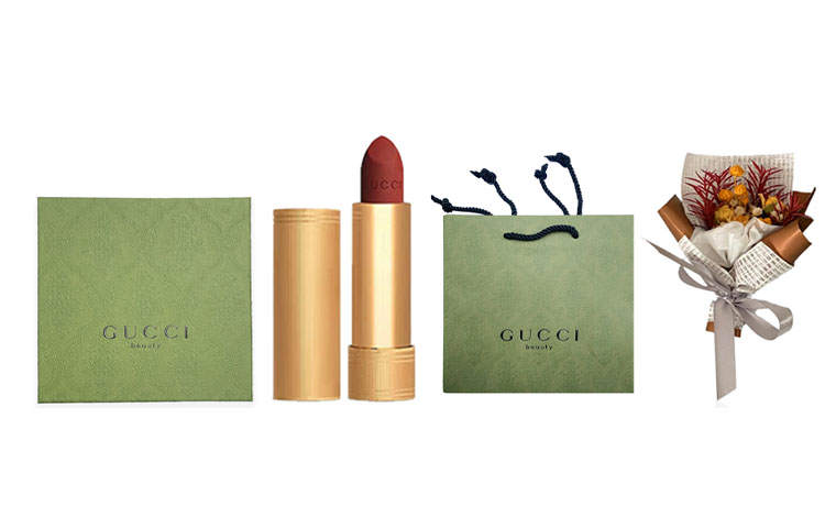 GUCCI Mini Golden Tube Lipstick, Pleuche Velvet Mist Box+Shopping Bag Set Easy to Blend Long Lasting Matte Smooth Touch