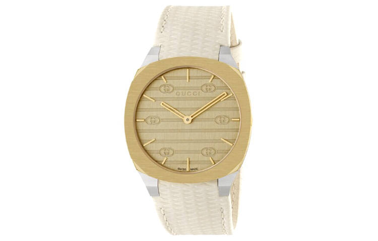 GUCCI 25H Wrist Watches Quartz Movement Leather Strap 34mm Gold Dial Women's Watch 30m Water Resistant