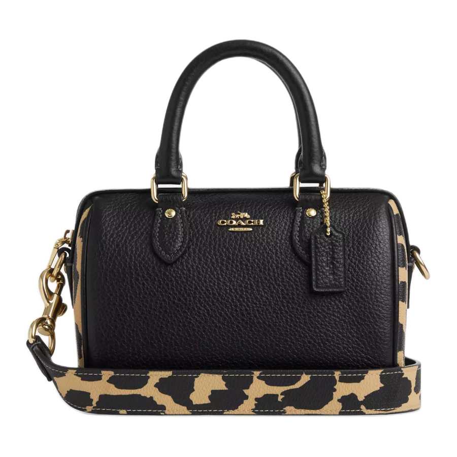 COACH Rowan Litchi Grain Leather One Shoulder Handbag, Crossbody Bag Small Women's Leopard Print Multicolor