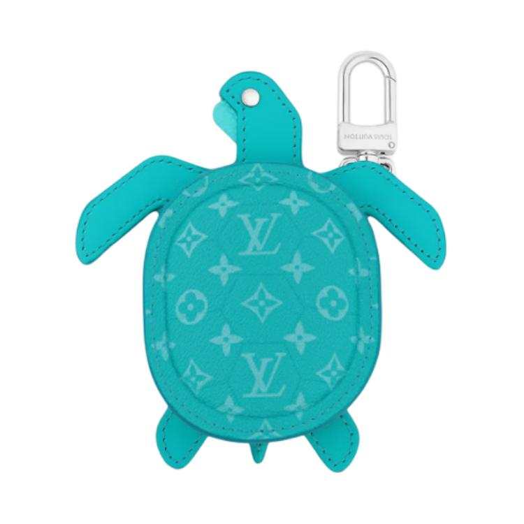 LOUIS VUITTON Turtle Leather Paneled Canvas Bag Charm Coin Purse Earphone Case Men's Turquoise