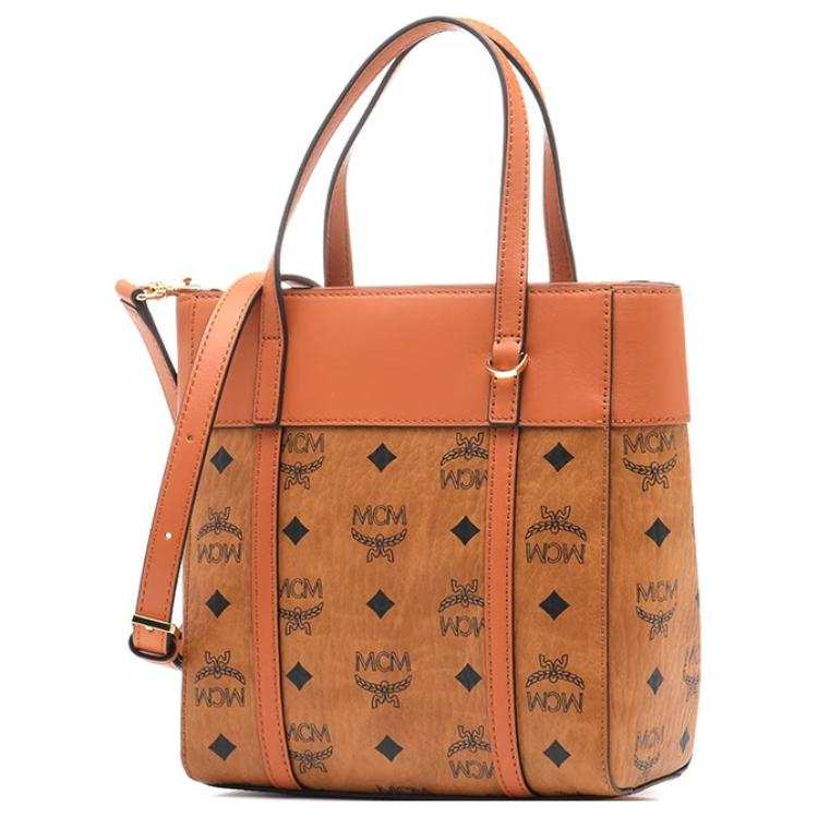 MCM Canvas paneled Calfskin Trim Tote Bag, Shopping Bag, Handbag Mini Women's Brown & Cognac