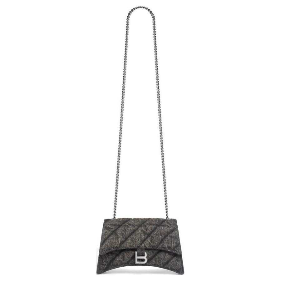 Balenciaga Crush Washed Denim Handbag, Shoulder Bag, Crossbody Bag Women's Black