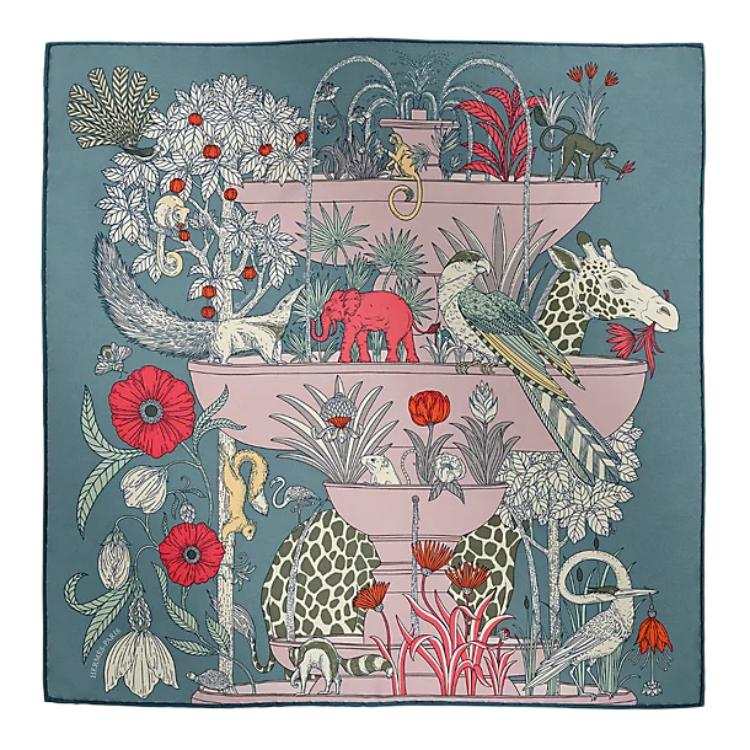 HERMES Detail Silk Scarves Women's Gray Blue