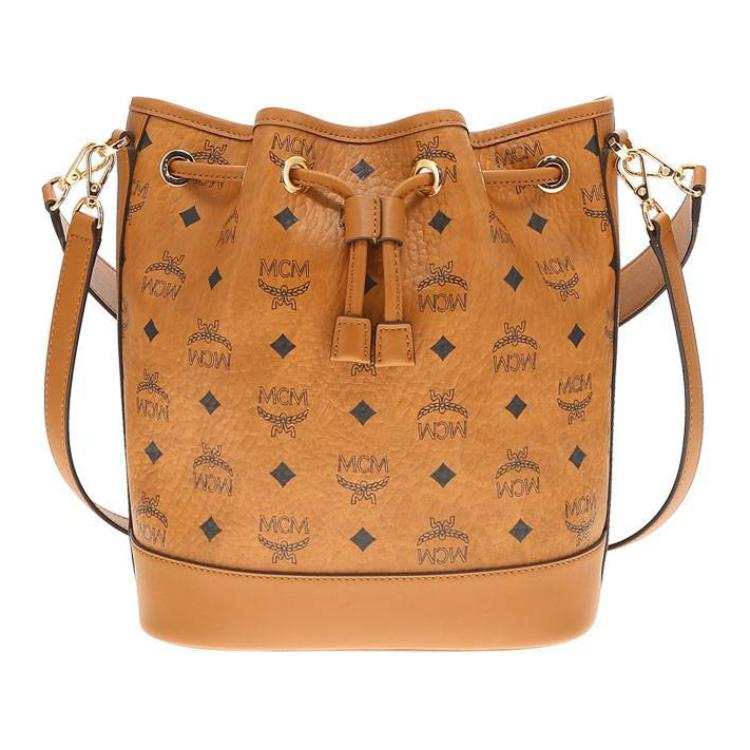 MCM Coated Canvas With Leather Bucket Bag, Portable Crossbody Bag, Shoulder Bag Women's Cognac