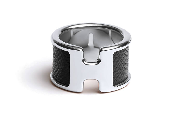 HERMES Calfskin, Metal, Palladium Plated Metal Parts Rings Unisex Black