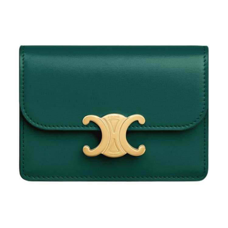 CELINE Triomphe Shiny Cow Leather Wallet, Card Holder Women's Racing Green