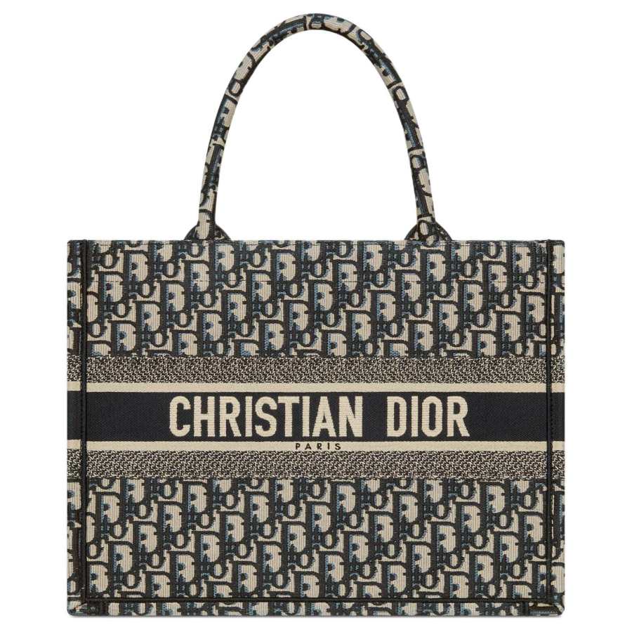 DIOR BookTote Embroidery Handbag Small Women's Beige & Blue