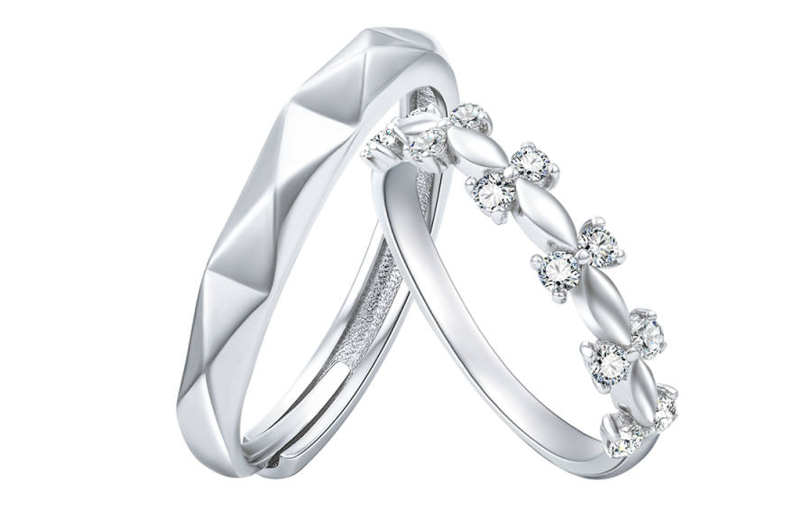 SIMPLE JOYS Crown Your Love S925 Silver Ring Pair Unisex Full Rhinestones Inlaid Zircon Open Ring Adjustable