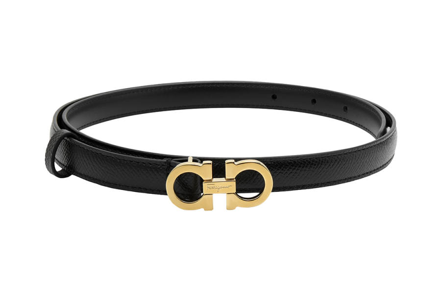 FERRAGAMO Hammered Texture Calfskin Leather Belts Women's Black Width 1.6cm