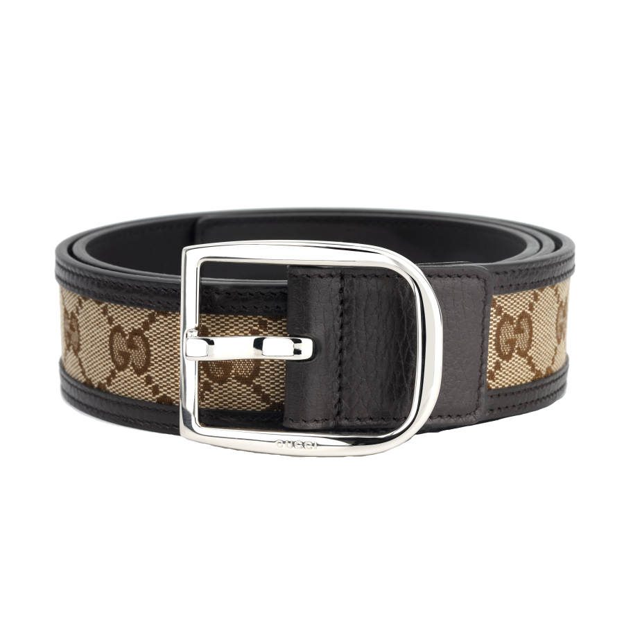 GUCCI GUCCI Cow Leather Canvas Leather Belts Men's Brown Width 4cm