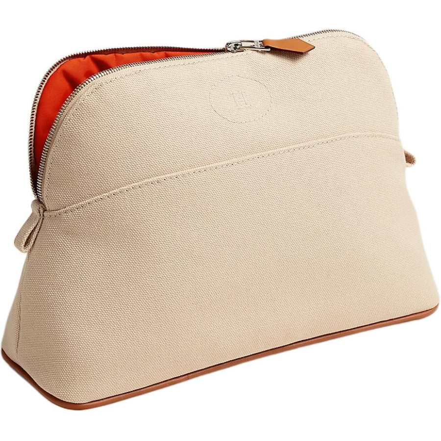 HERMES Bolide Cotton With Lambskin Bowling Bags Binding Makeup Bag Storage Bag Mini Women's White