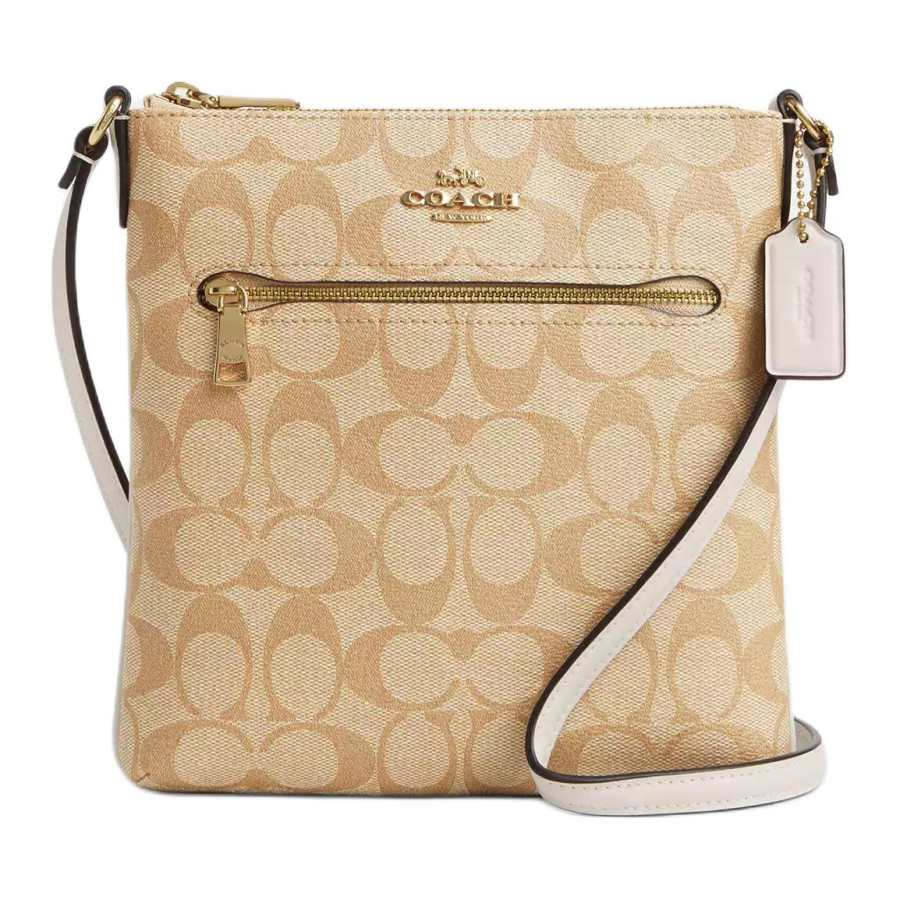COACH Rowan Coated Canvas With Recycled Leather Shoulder Bag, Crossbody Bag Small Women's Gold & Light Khaki Chalk