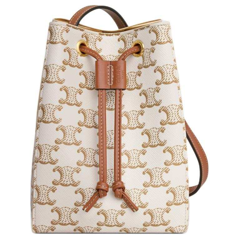 CELINE Sailor Canvas paneled Calfskin Trim Crossbody Bag, Shoulder Bag Women's White & Tawny