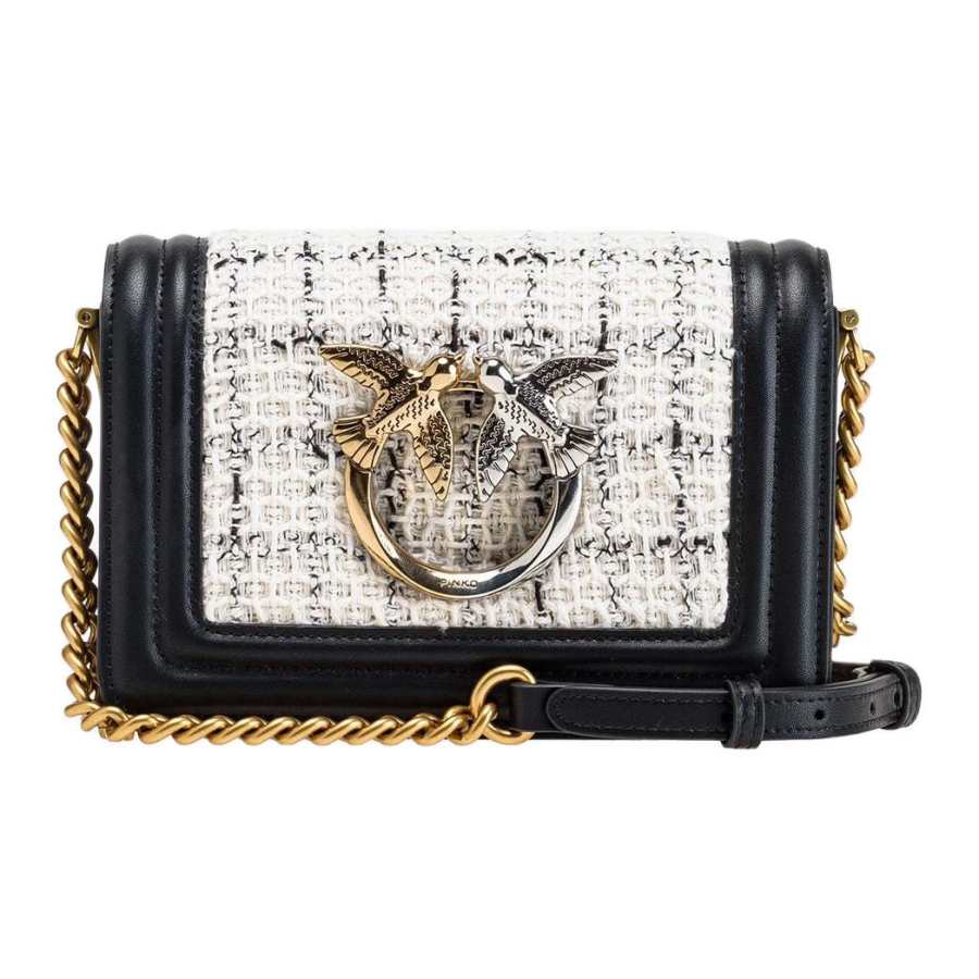 PINKO Cotton With Fine Grain Leather Shoulder Bag, Crossbody Bag Women's White & Black