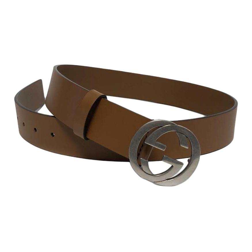 GUCCI Metal Leather Belts Unisex Brown Width 3.5CM