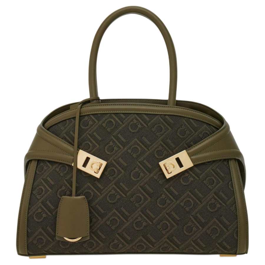 FERRAGAMO Calfskin Textile Shoulder Bag, Crossbody Bag, Handbag Small Women's Olive Green