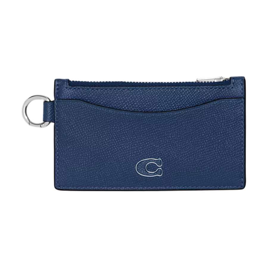 COACH Zip Top Card Case Cross Grain Leather Wallet, Card Holder Mini Men's Marine Blue
