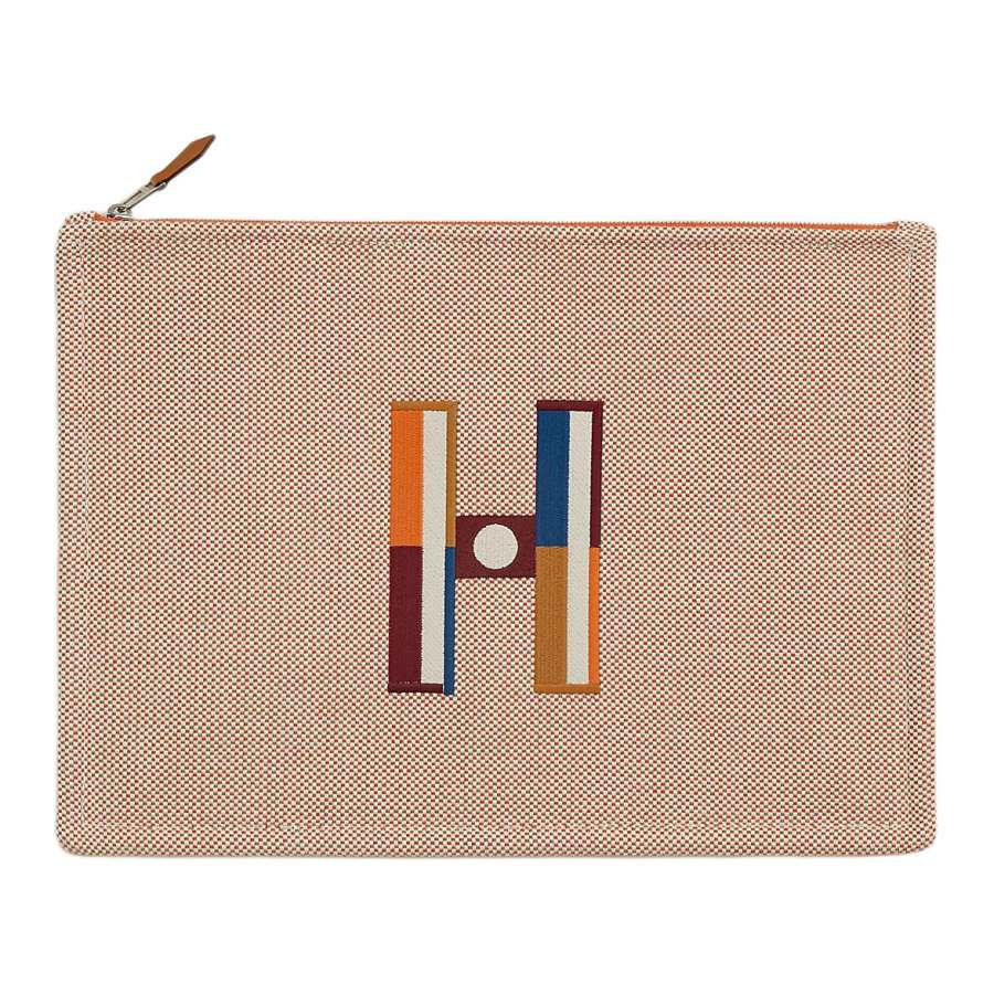 HERMES Cotton Storage Bag Clutch Large Women's Orange & Light Gray Umber